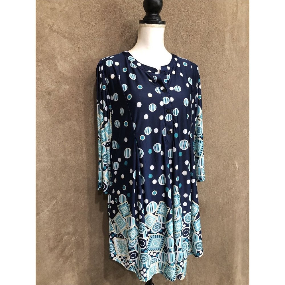 R & B Collection 1X Plus Dress 3/4 Sleeve Multicolor Blue With Pockets #390